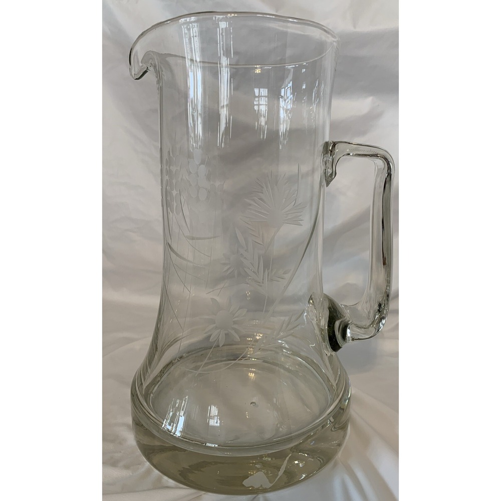 Vintage Large Flowers‎ Etched Glass Water Pitcher Thick Heavy Base  10" Tall